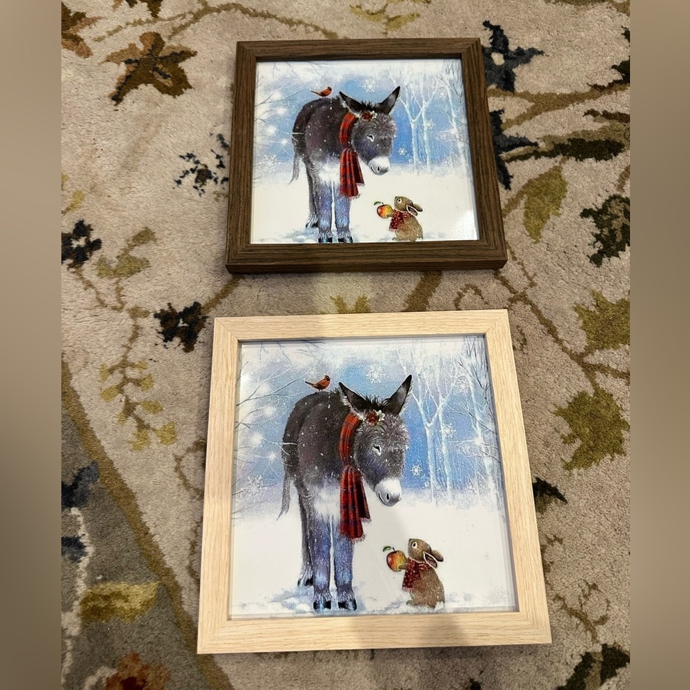 Framed Winter Donkey and Rabbit Art Set Winter Christmas